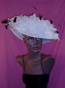 white and black feathered hat